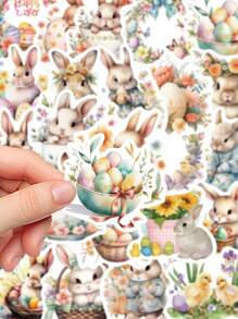 50pcs Easter Egg Bunny Stickers Easter Material Stickers Handbook Book Cute Bunny Diy Material Decorative Stickers,School Supplies,Back To School