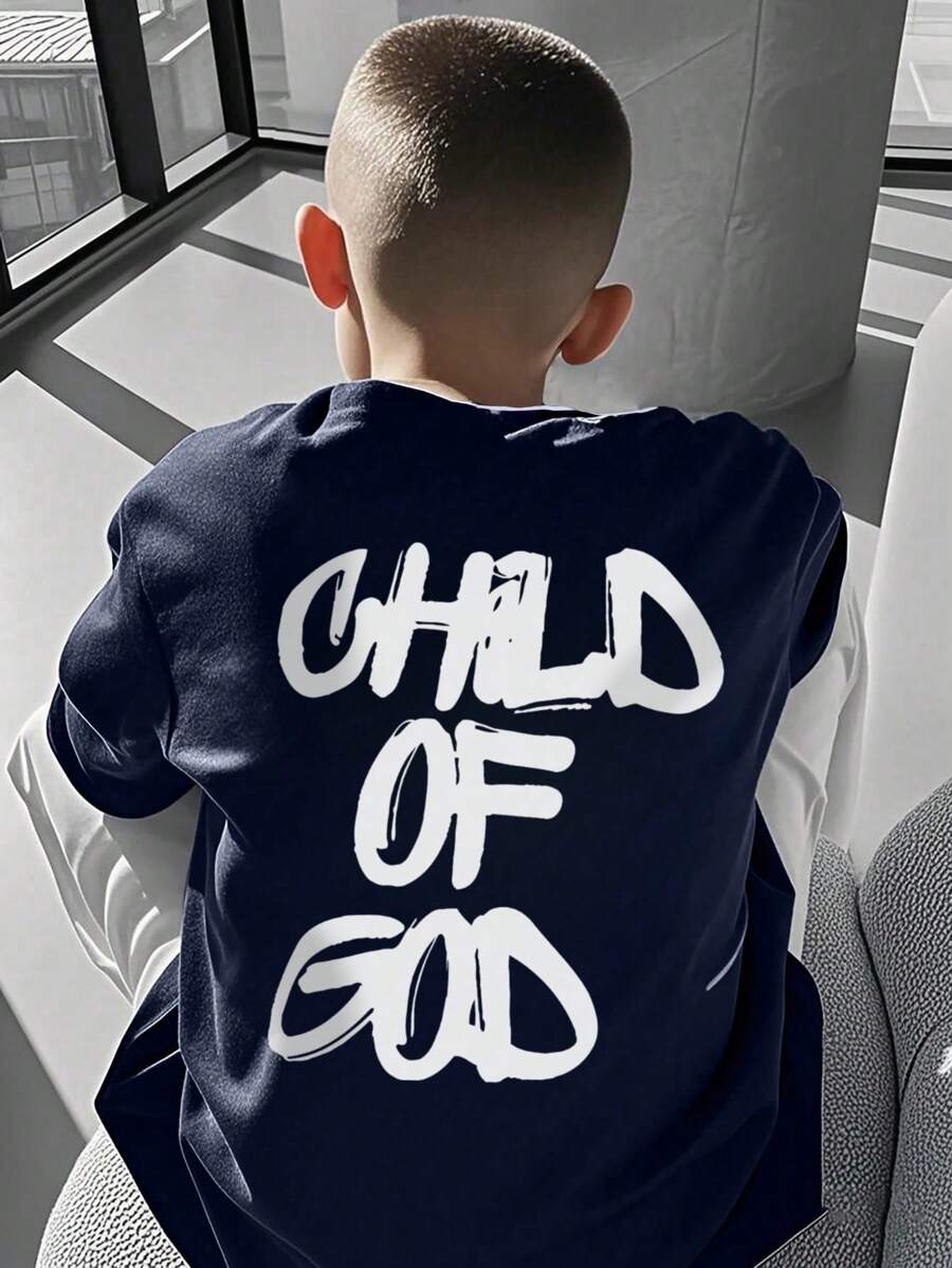Summer Casual Printed Crew Neck Short Sleeve T-Shirt, Suitable For Boys And Young Students - Fashionable English Letter Pattern T-Shirt, Dedicated To Every Young Explorer! Children's Clothing Boys Graphic Tee - Navy Blue - View 1
