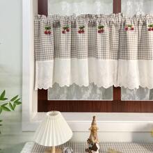 1 PIEZA Cortina corta a cuadros de estilo pastoril americano en color café claro para la cocina, cortina linda con cerezas rojas para ventanas, cortinas para ventanas pequeñas, cortinas para puertas