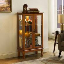 Curio Cabinet Lighted Curio Diapaly Cabinet With Adjustable Shelves And Mirrored Back Panel, Tempered Glass Doors (Oak, 3 Tier), (E26 Light Bulb Not Included)    RR