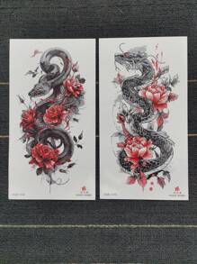 2 件装奇幻哥特式花卉、蛇、虎、狐狸、骷髅性感防水临时纹身贴纸 - 彩色 - 查看 4