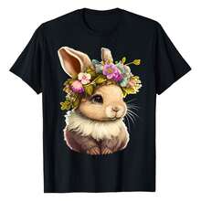 Camiseta con gráfico de conejo de Pascua para mujer - Camiseta con gráfico de flor de conejito feliz para mujer en talla grande - Negro - Ver 1
