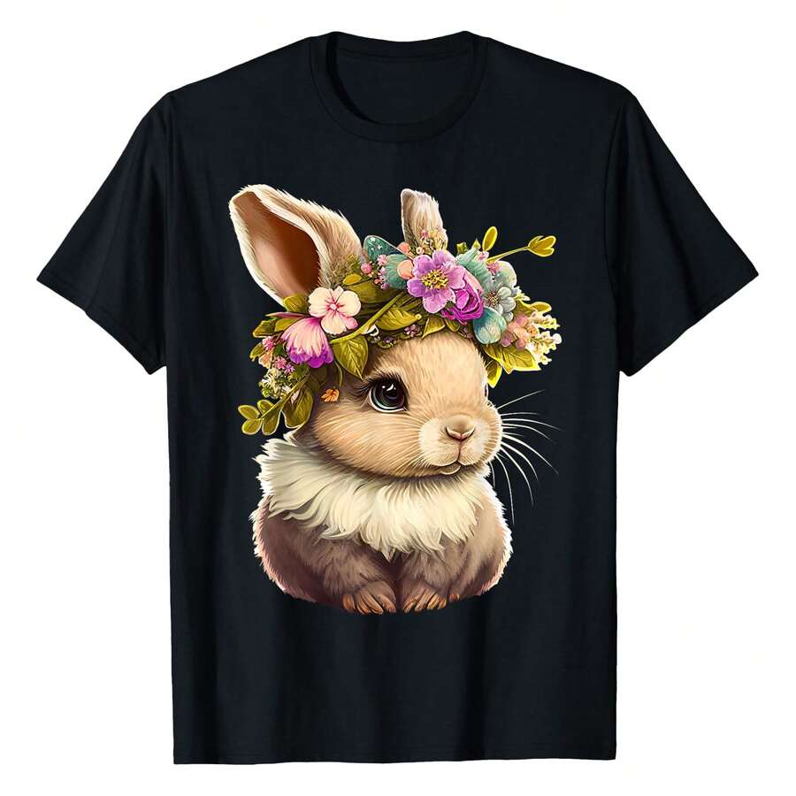 Camiseta con gráfico de conejo de Pascua para mujer - Camiseta con gráfico de flor de conejito feliz para mujer en talla grande - Negro - Ver 1