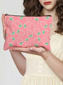 1pc Aardbeienpatroon Thema Volledige Print Make-up Tas - Lichtgewicht En Geurloze Polyester Reis Toilettas, Cartoon Aardbei Leuke Multifunctionele Canvas Tas, Oplaad Opbergtas, Essentiële Reis Make-up Tas: Meisjes Reis Reddingsboei Tas