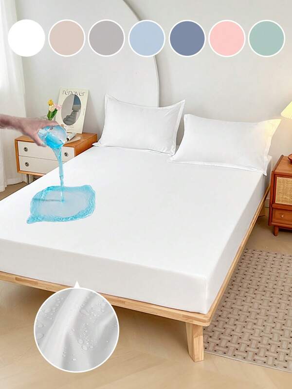 1 pieza Sábana ajustable impermeable, sábanas, ropa de cama, cubierta de colchón, cubrecama, ropa de cama suave y cómoda para el dormitorio, protector de colchón de unicolor, sábanas hipoalergénicas, sábana ajustable para cama individual, doble, king, queen, protección contra el polvo, funda de almohada y almohada no incluidas, regalo ideal para Pascua, regalo para el Día de la Independencia, regalo perfecto para fiestas, textil para el hogar acogedor, lavable a máquina