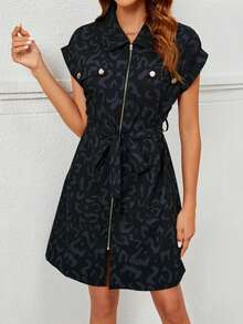 休闲通勤豹纹拉链衬衫裙