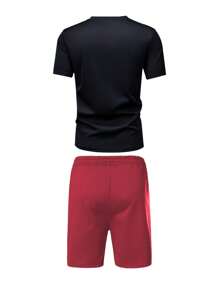 2 件男士夏季常规款短袖 T 恤和短裤套装，个性化字母印花图案，时尚休闲装，带口袋，抽绳腰裤，适合作为送给丈夫或男朋友的礼物 - 黑色 - 查看 3