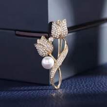 1pcElegant And Shiny Diamond Tulip Pearl Brooch, Alloy Metal Collar Clip, Women's Fashion Accessory, Perfect For Party Supplies, Clothing And Bag Decoration, Jewelry Gifts.Ladies Brooches, Lapel Pins & Scarf Buttons - Multicolor - View 1