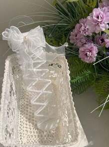 1 双新款日式欧根纱蝴蝶结、心形珠饰、水晶条纹玻璃纤维女童长筒袜 - 白色 - 查看 4