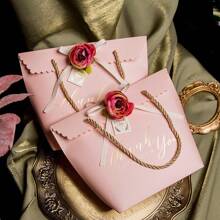 Set Of 5–Pink Wedding Gift Bags(Includes: Ribbon/Flower + Hand Strap + Gift Bag Box), 6.69*3.35*8.07in – Elegant Handbag For Bridal Shower, Party Favors, & Wedding Guest Gifts – Premium Quality, Reusable, Perfect For Bridesmaids & Guests, For Mother's Day, Bridesmaid Gifts, Graduation Gifts, Birthday Gifts, Wedding Gifts