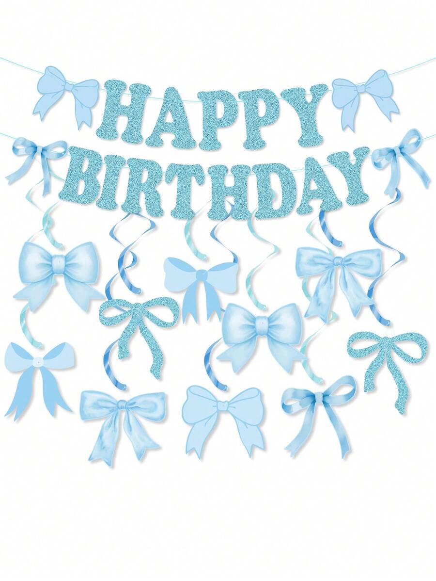 Décorations de fête d'anniversaire avec nœud bleu, bannière d'anniversaire avec nœud, ensemble de décorations suspendues pour fête avec nœud, décorations d'anniversaire avec nœud pour femmes, décorations de fête avec nœud, fournitures de fête pour enterrement de vie de jeune fille - Bleu azur - Voir 1