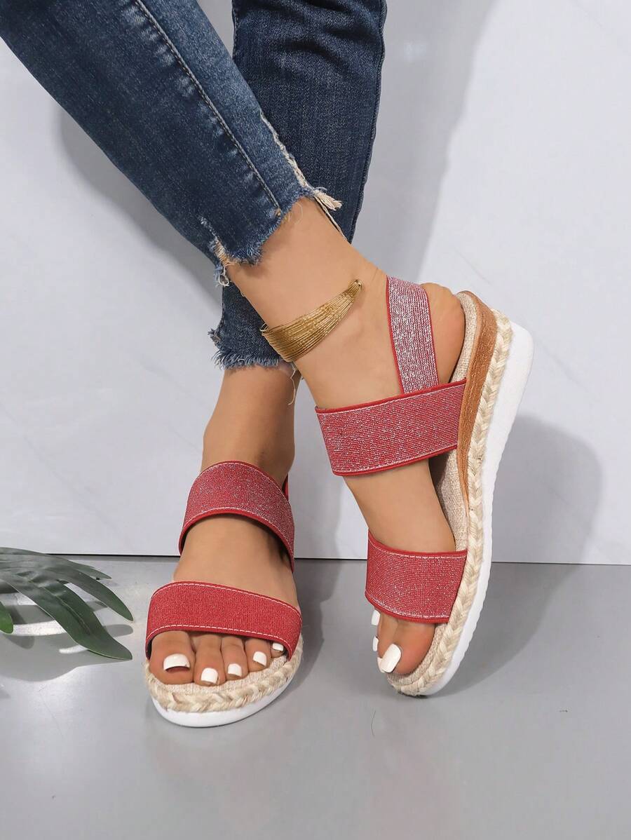 棕色中跟运动凉鞋，女士软底轻便休闲新款厚底凉鞋，配松紧带，红色女士凉鞋，配黑色系带 - 紅色 - 查看 1