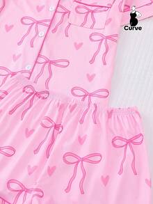 Marira 2pcs Plus Size Women Pajama Set, Bow Print Short Sleeve Shirt Collar Button Up Top And Loose Elastic Shorts, Suitable For Overweight, Holiday Party Sleepwear, Casual Home & Outdoor Comfortable Women Loungewear - Hồng - Xem 6