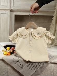 1pc Girl Embroidered Short Sleeve Solid Color Casual Blouse Top, Cute Doll Collar Shirt, School Style Children Clothing - Beige - View 2