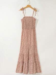 Acelitt Summer Women's Vacation Style Floral Sweeping Frill Wide Leg Suspender Jumpsuit - Khaki - View 6