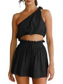  Womens 2 Piece Outfits Linen Matching Sets Two Piece Crop Tops And Paper Bag Waist Shorts Sets 2025 Summer Outfits - 黑色 - 查看 3