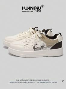 HUANQIU 2025新款男鞋男士运动鞋黑色鞋滑板鞋山水画时尚小白鞋泼墨百搭轻便舒适小白鞋系带软底休闲鞋中国风跑鞋黑白四季鞋 - 棕色 - 查看 1