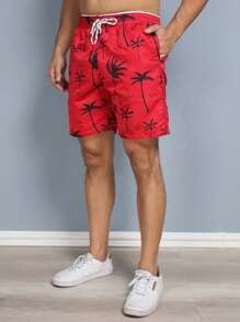 Men's Beach Shorts With Tree Print And Pocket - Đỏ - Xem 5