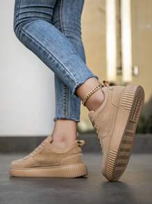 Women's Fashionable Retro Khaki Lace-Up Casual Sneakers, Lightweight Versatile Comfortable Non-Slip Flat Outdoor Walking & Skateboard Running Shoes