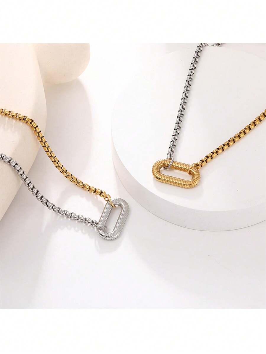 Collar de cadena con perlas de acero inoxidable, resistente al agua y antidesteñible, con diseño geométrico en oro y plata, adecuado para el uso diario de las mujeres