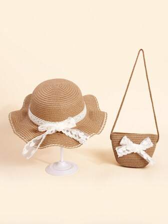 儿童蝴蝶结宽边草编太阳帽和斜挎草编包套装