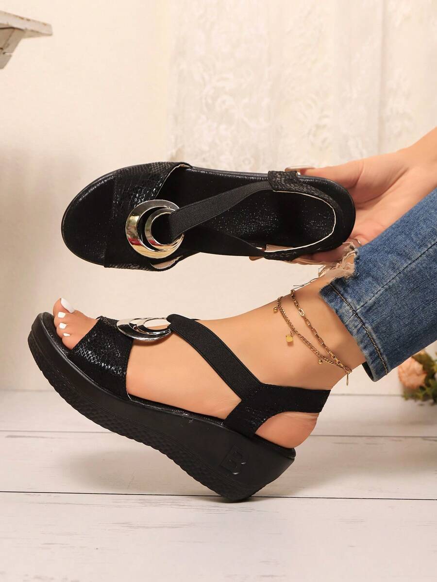 2025 Summer New Casual Wedge Sandals, Platform Dress Sandals With Metal Buckle, Faux Linen Rope Lightweight Peep Toe Elastic Strap,Travel Essential - Black - View 1