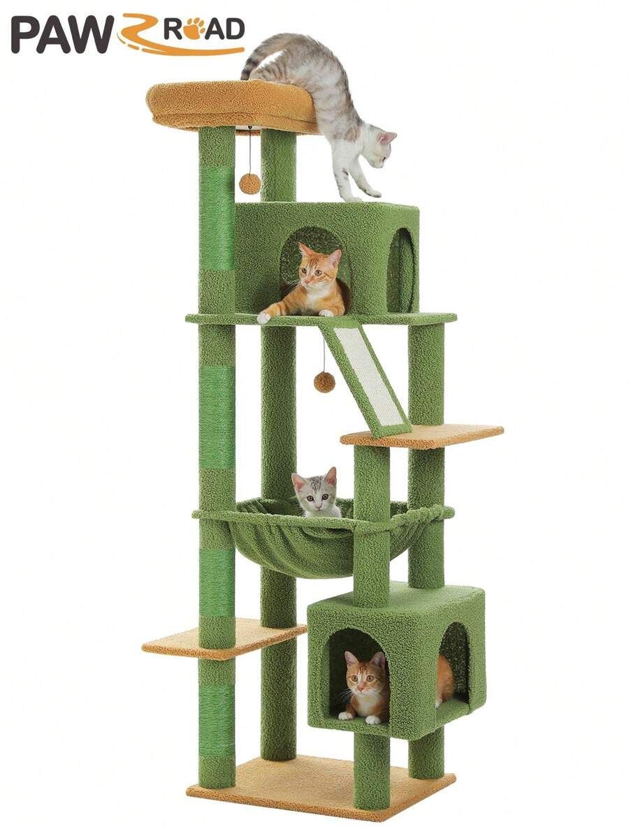PAWZ Road Cactus Cat Tree 71" For Large Cats Up To 20 Lbs With Super Large Hammock, Sturdy Cat Tower With 4 Sisal Scratching Posts & 2 Spacious Condos For Large Adult Cats - Green - View 1