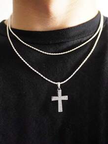 2 件时尚不锈钢吊坠项链，嘻哈方晶锆石配饰，礼盒包装适合节日 - 金黃色 - 查看 2