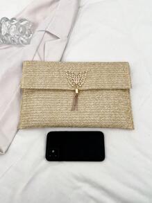 1-Piece Straw Bag With Flap And Bow Decoration Small Bag For Women, Suitable For Daily Shopping And Dating, Fashionable Hand-Held Envelope Bag For Women