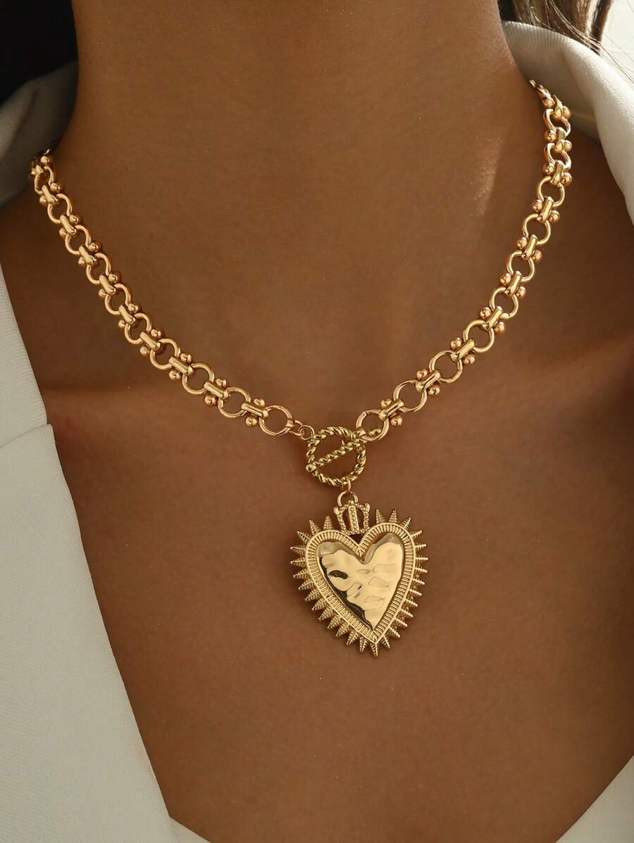 1 件经典厚锤纹心形金色金属吊坠项链，简约时尚，手工制作，适合日常佩戴和派对，送给女性的礼物 - 彩色 - 查看 1