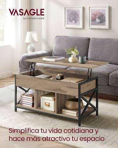 VASAGLE Mesa de Centro con Tablero Elevable, Mesa de Café, Compartimento Oculto y Compartimentos Abiertos, Marco de Acero, 50 x 100 x (46,5-62) cm, Marrón Camello y Negro/Marrón Rústico y Negro
