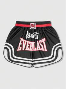 Loose Fit Contrast Color Letter Print Men's Shorts, Suitable For Sports And Boxing - Black - View 1