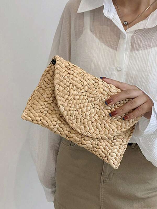 BAILEE 1 Pc Leisure Simple Summer Holiday Corn Husk Woven Handbag Corn Husk Weave Dinner Clutch Bag Women's Fashion Simple Solid Color Straw Large Purse Woman Summer Casual Suitable For Vacation Travel&Daily Commuting Work&Leisure Shopping And Shopping
