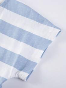 1 pieza Vestido de niña de algodón de punto de manga corta con rayas azul y blanco con decoración de bordado 3D de flores, estilo dulce para primavera y verano, transpirable