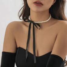 1 件优雅黑天鹅绒丝带蝴蝶结颈链，适合女性，哥特式风格，仿珍珠项圈项链，Y2K 配饰 - 黑與白 - 查看 4