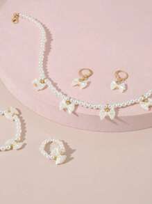 5pcs/Set Faux Pearl Bow Decor Princess Style Necklace, Bracelet, Ring, Earring Jewelry Set For Girls - White - View 3