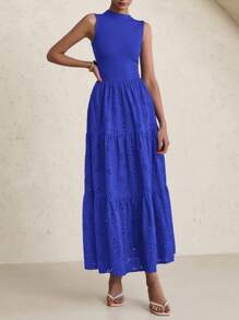 Women's Summer Dress Casual Perforated Sundress Sleeveless Elegant Wedding Guest Dress With Pockets - Xanh đậm - Xem 3