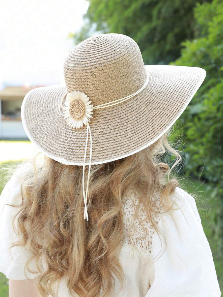 1pc Women Flower Decor Boho Sunflower Straw Hat, For Beach Foldable Beach Hats For Women, Embroidered Floppy Hats For Women Beach, Vacation, Cruise, Honeymoon, - A - View 1