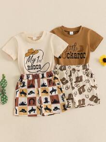 Baby Boys Western Shorts Sets Short Sleeve O Neck Letter Print Tops And Boots Print Shorts Sets