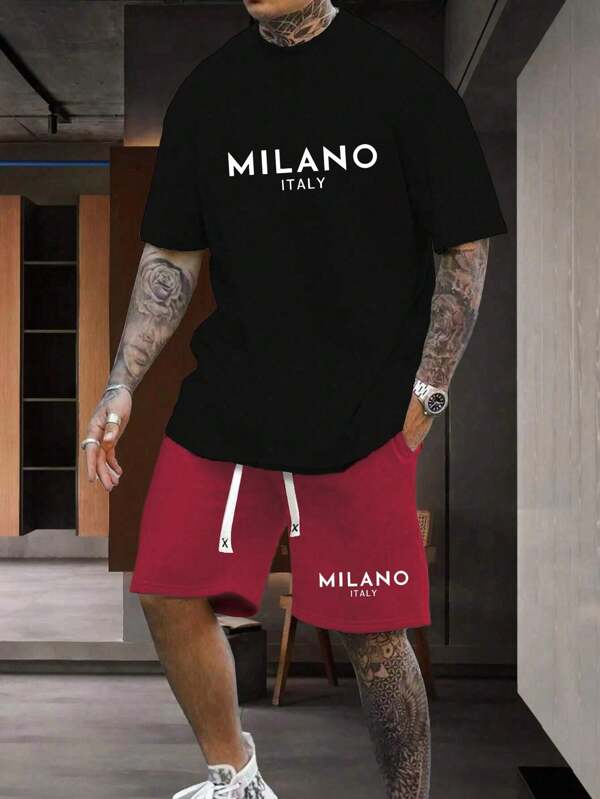Set de 2 piezas de camiseta de manga corta y pantalones cortos de ajuste regular para hombre en verano, con estampado de letra personalizado, conjunto casual con bolsillos, pantalón con cintura con cordón, adecuado como regalo para esposo o novio