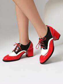 Women's Retro Floral Lace Patchwork Oxfords, Thick Heel Lace-Up Contrast Color High Heels