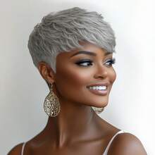 Elegant Short Pixie Cut Bob Wig With Bangs - Gray Layered Human Hair, Straight Style, Perfect For Parties & Cosplay, Machine Made,Hair Wig