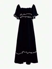 PoPoHouse Women's Dress Summer Vacation Casual Color Contrast Skirt With Ruffled Puffy Sleeves