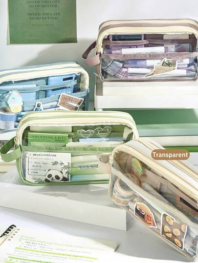 手提双层透明铅笔袋笔袋撞色方形收纳袋文具学校返校铅笔袋书包