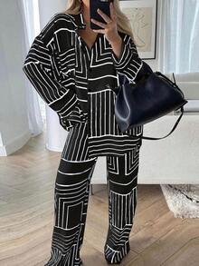 2pcs Women Elegant Casual & Business Line Geometric Print Long Sleeve Blouse & Wide Leg Pants Suit - Black - View 3