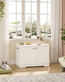 HaluPeit 31.5" Cat Litter Box Enclosure With Handles, Cat Litter Box Furniture, Cat House, Hidden Litter Box Furniture With Removable Partition, Wooden Pet House Side End Table, For Living Room, Bedroom, White - White - View 2