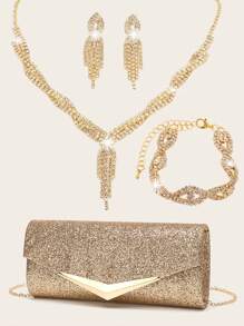 Rhinestone Jewelry Rhinestone Jewelry Set Sparkling Necklace Earrings Bracelet Set Elegant Women's Evening Dress Handbag Envelope Bag Handbag Sparkling Glitter Women's Handbag V-Shaped Metal Flip Bag Wedding Party Handbag Cocktail Party Wedding New Wallet Banquet Bag Evening Dress Women's Bridal Evening Dress Ball - Gold - View 13