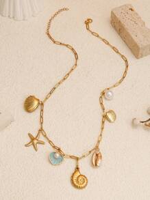 1 件金色海螺海星贝壳仿珍珠项链女士海滩度假风格 14k 镀金海螺海星吊坠项链、友谊礼物、生日礼物、节日礼物、珠宝礼物 - 金色-珍珠鍊條款 - 查看 4