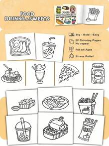 [Compre 2 libros y obtenga 1 tablero de dibujo gratis] Alimentos, bebidas y dulces: libro para colorear para adultos, audaz y fácil, diseños simples y grandes para relajación con una variedad de alimentos, bebidas, postres y frutas (audaz y fácil de colorear), el diseño es exquisito y las líneas son claras, libro ilustrado, de vuelta a la escuela, útiles escolares - Ver 13