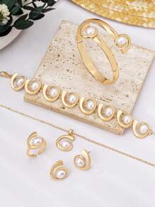 6 件/套优雅不对称水钻首饰套装，时尚女士新娘、夏季、派对、节日庆祝礼物包括手链、项链、耳环、戒指